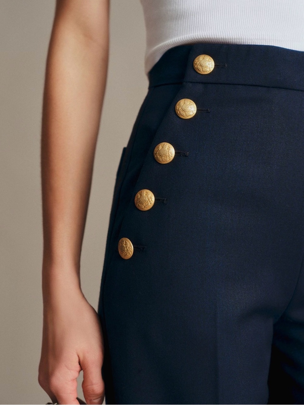 NWT 🇫🇷 Sézane Marino Trousers High-Waist Navy Pants with Gold Button Detail